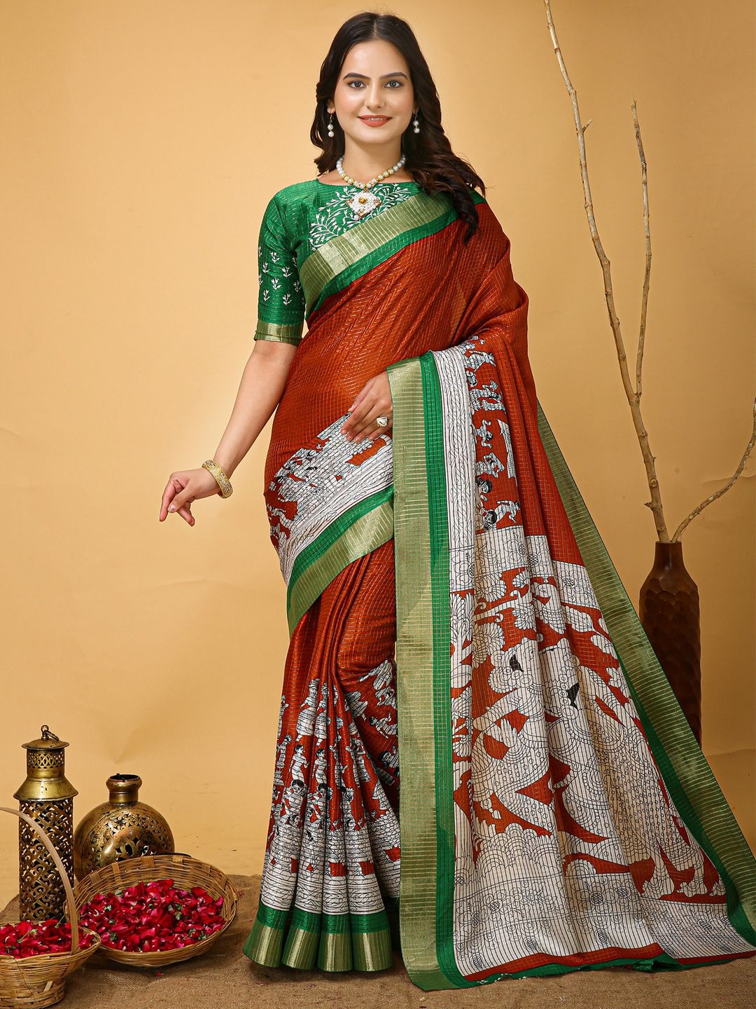 

KALINI Ethnic Motifs Zari Sungudi Saree, Rust