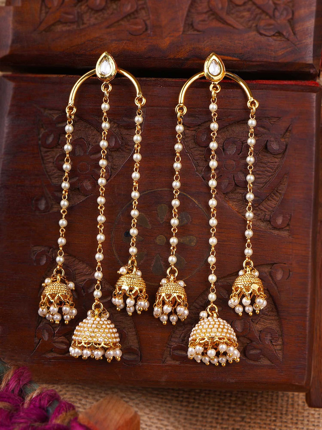 

Adwitiya Gold-Plated Artificial Beads Beaded Contemporary Shaped Drop Earrings