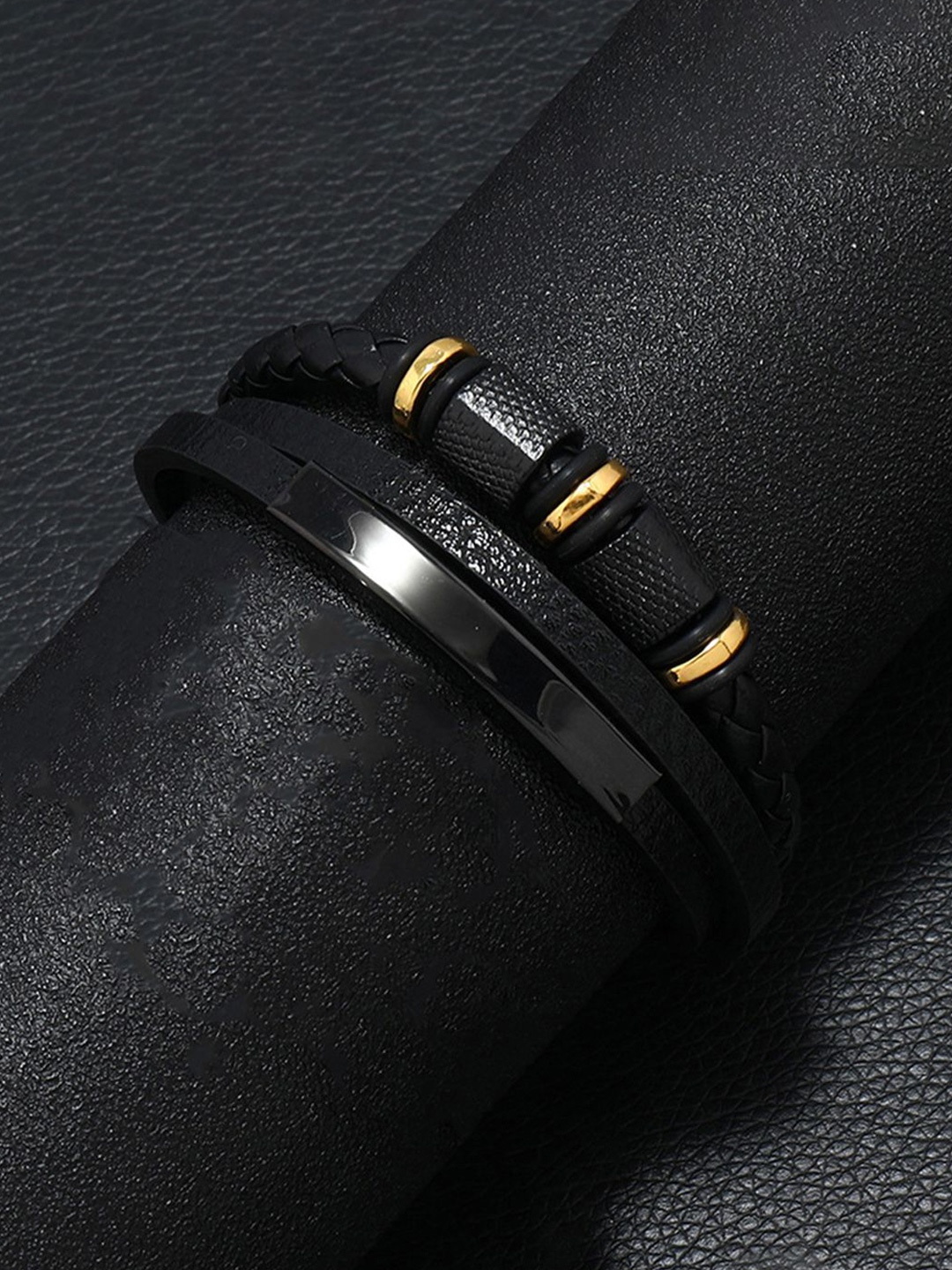 

Jewels Galaxy Men Leather Gold-Plated Wraparound Bracelet