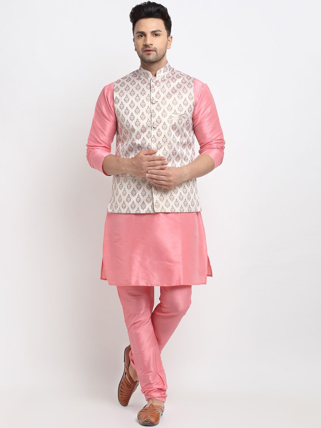 

Kaifoo Mandarin Collar Long Sleeves Straight Kurta with Churidar & Nehru Jacket, Cream