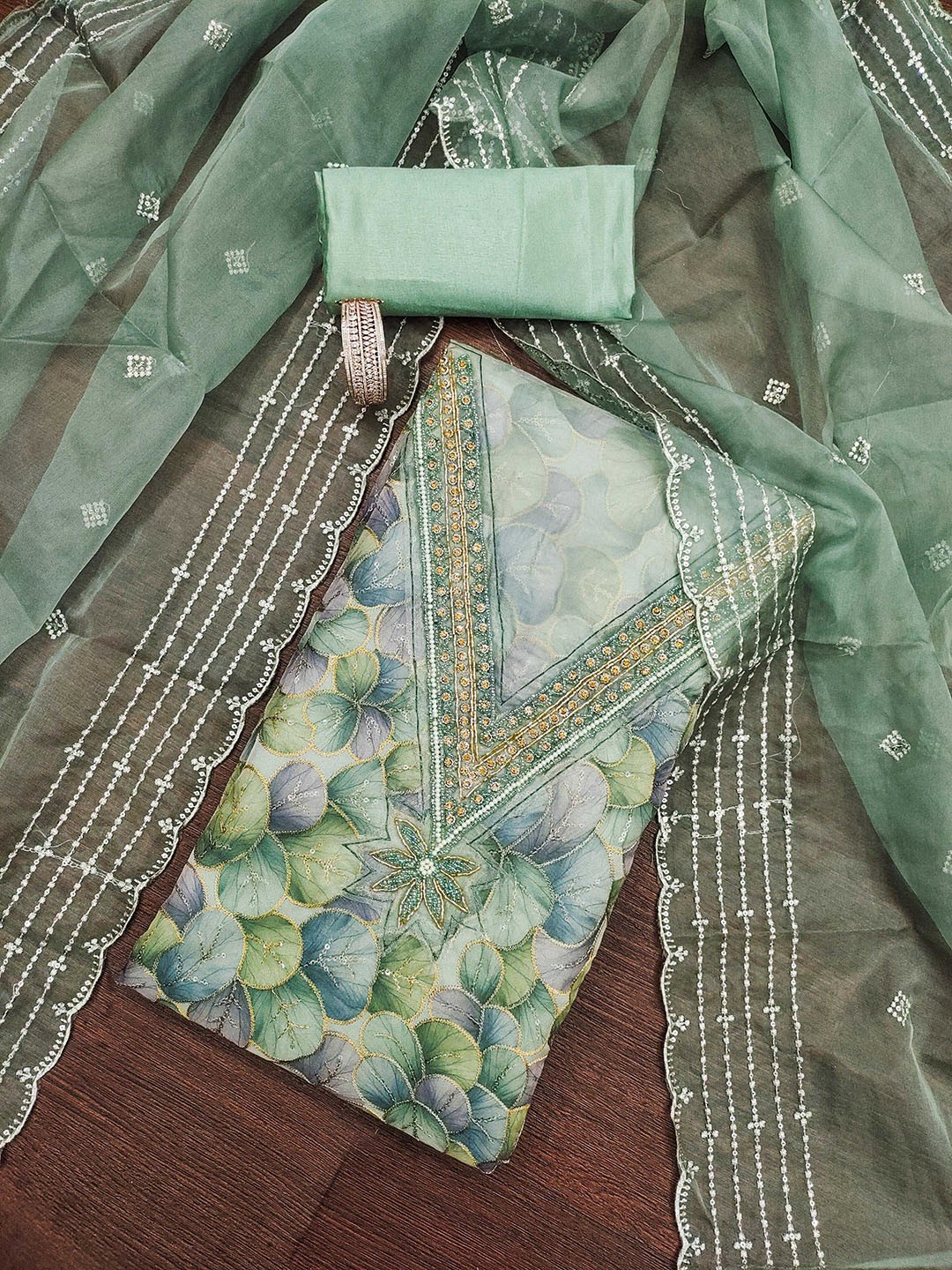 

Maroosh Floral Embellished Unstitched Dress Material, Sea green