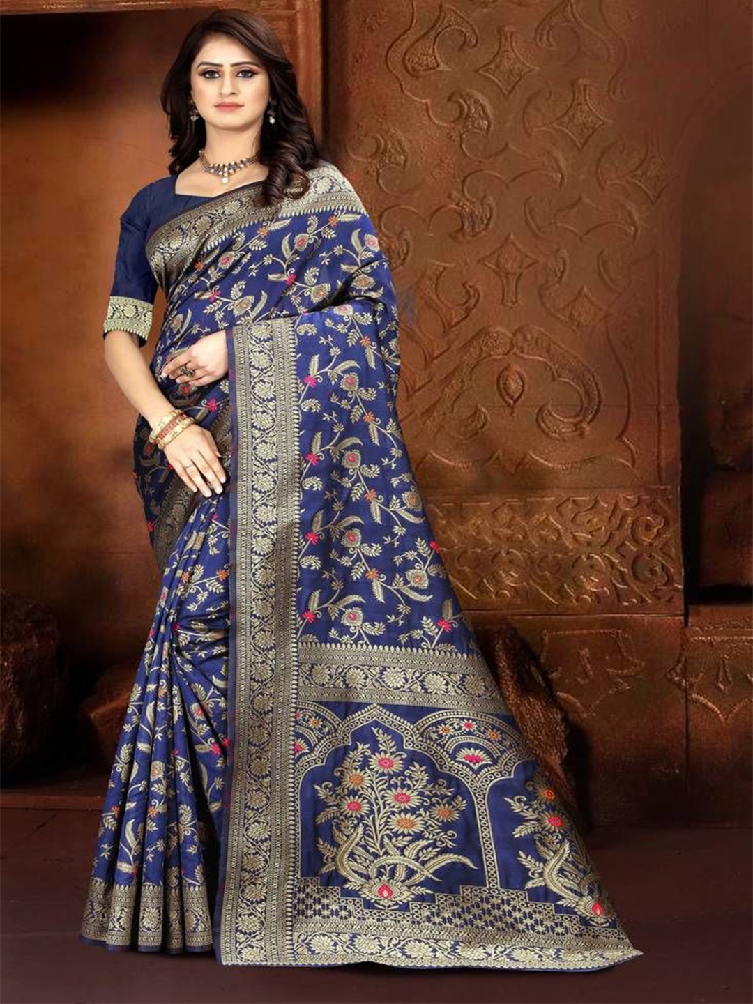 

F FASHION Ethnic Motifs Zari Banarasi Saree, Navy blue