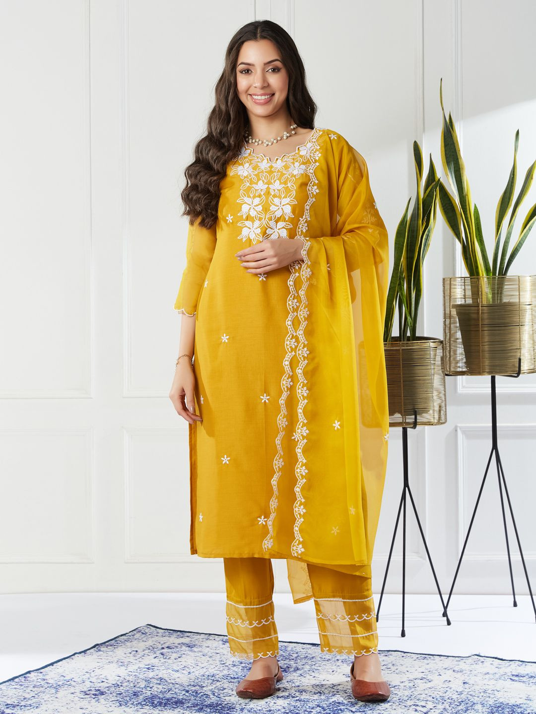 

Colors of Earth Floral Embroidered Round Neck Straight Kurta With Trousers And Dupatta, Mustard
