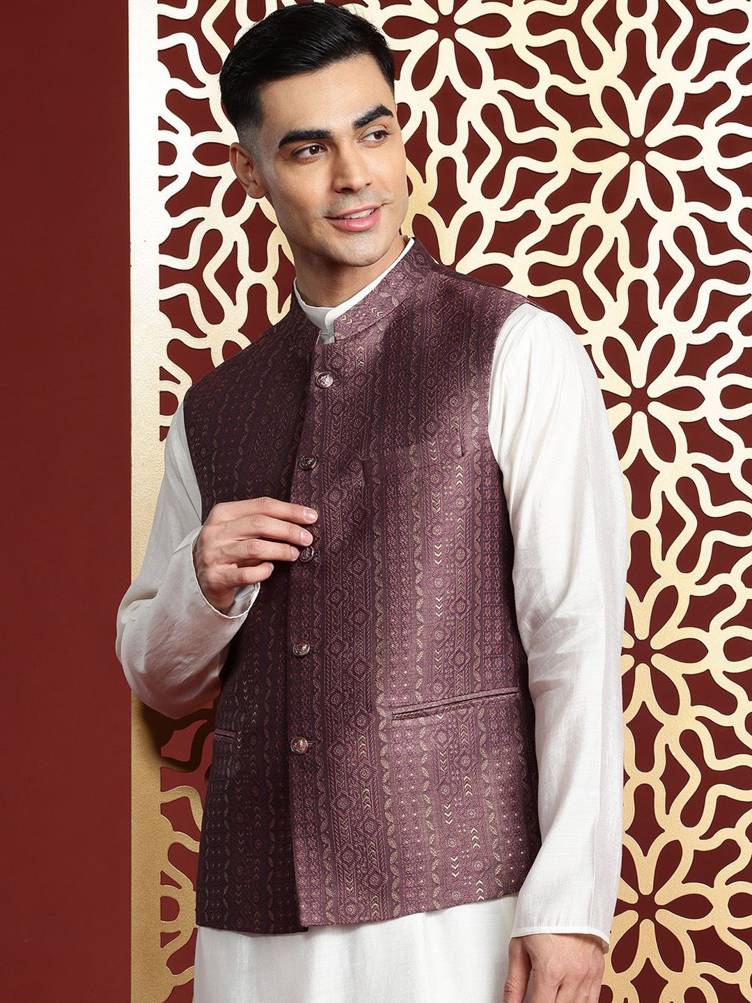 

MANQ Ethnic Motifs Woven Design Nehru Jacket, Burgundy