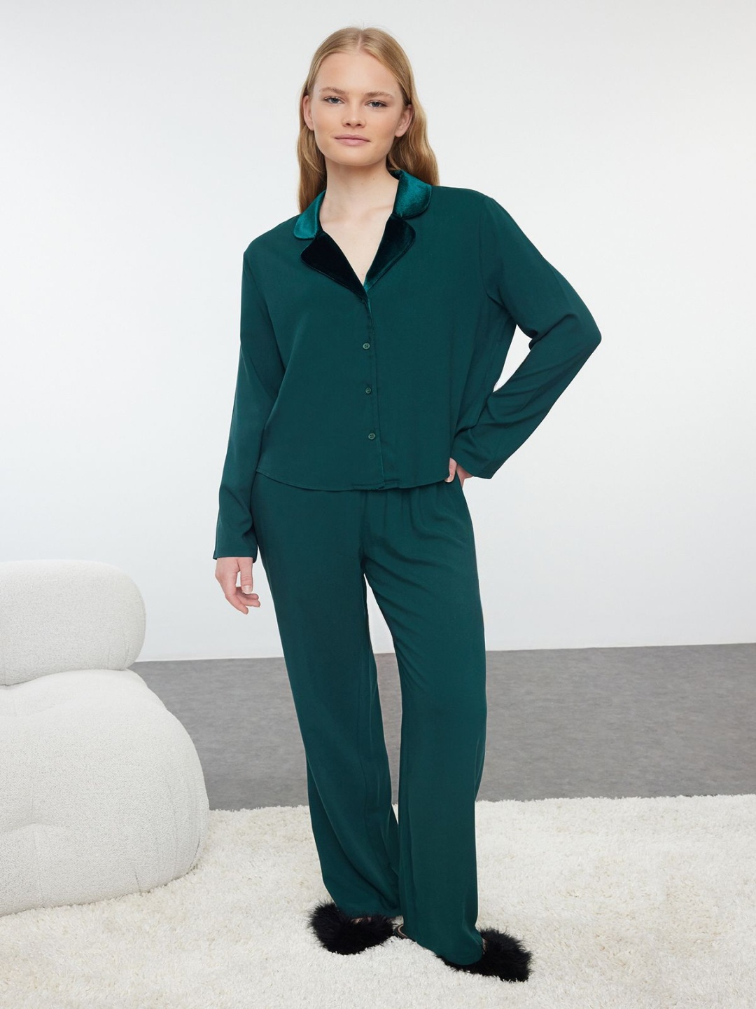 

Trendyol Women Shirt Collar Night suit, Teal
