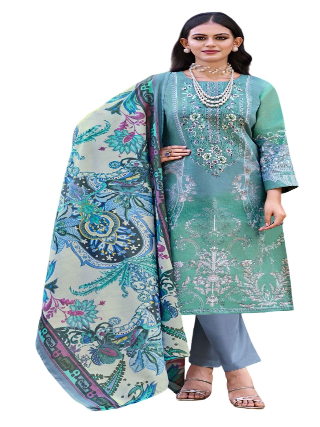 

DRAVINAM Trends Embroidered Pure Cotton Unstitched Dress Material, Grey