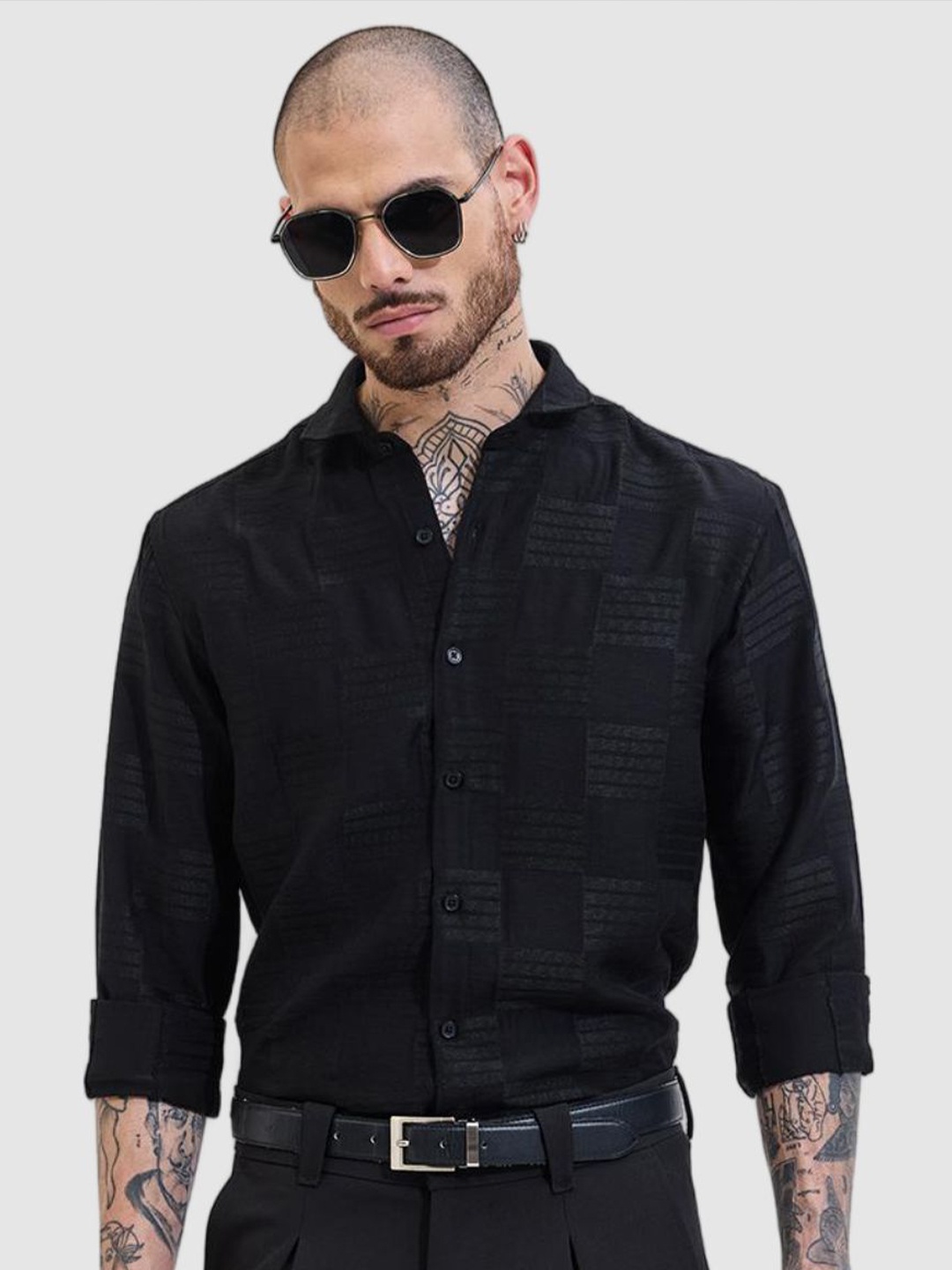 

Snitch Men Smart Slim Fit Textured Formal Shirt, Black