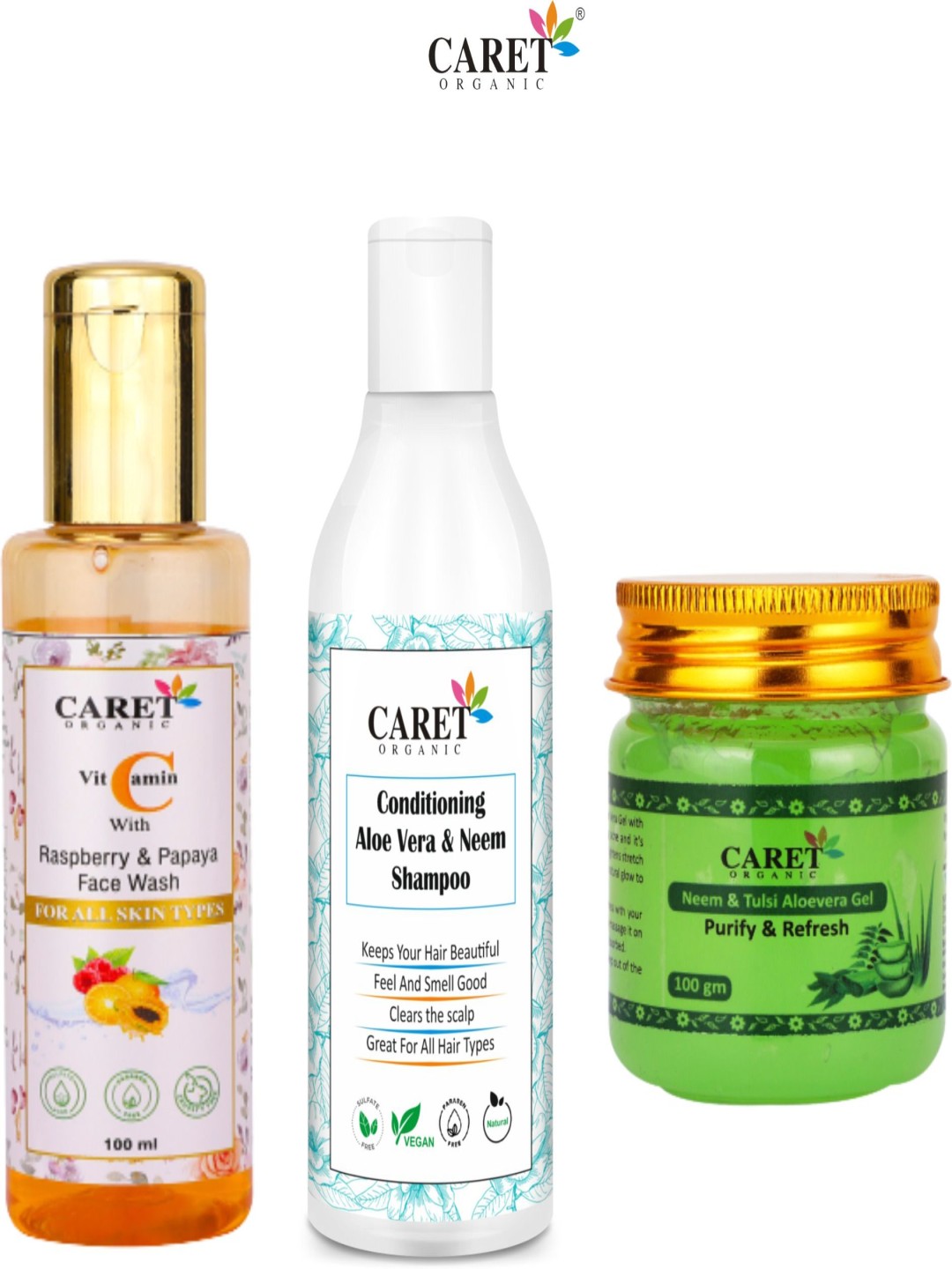 

CARET ORGANIC Set Of 3 Papaya Facewash -100 ml, Shampoo- 200 ml & Aloevera Gel -100 g, White