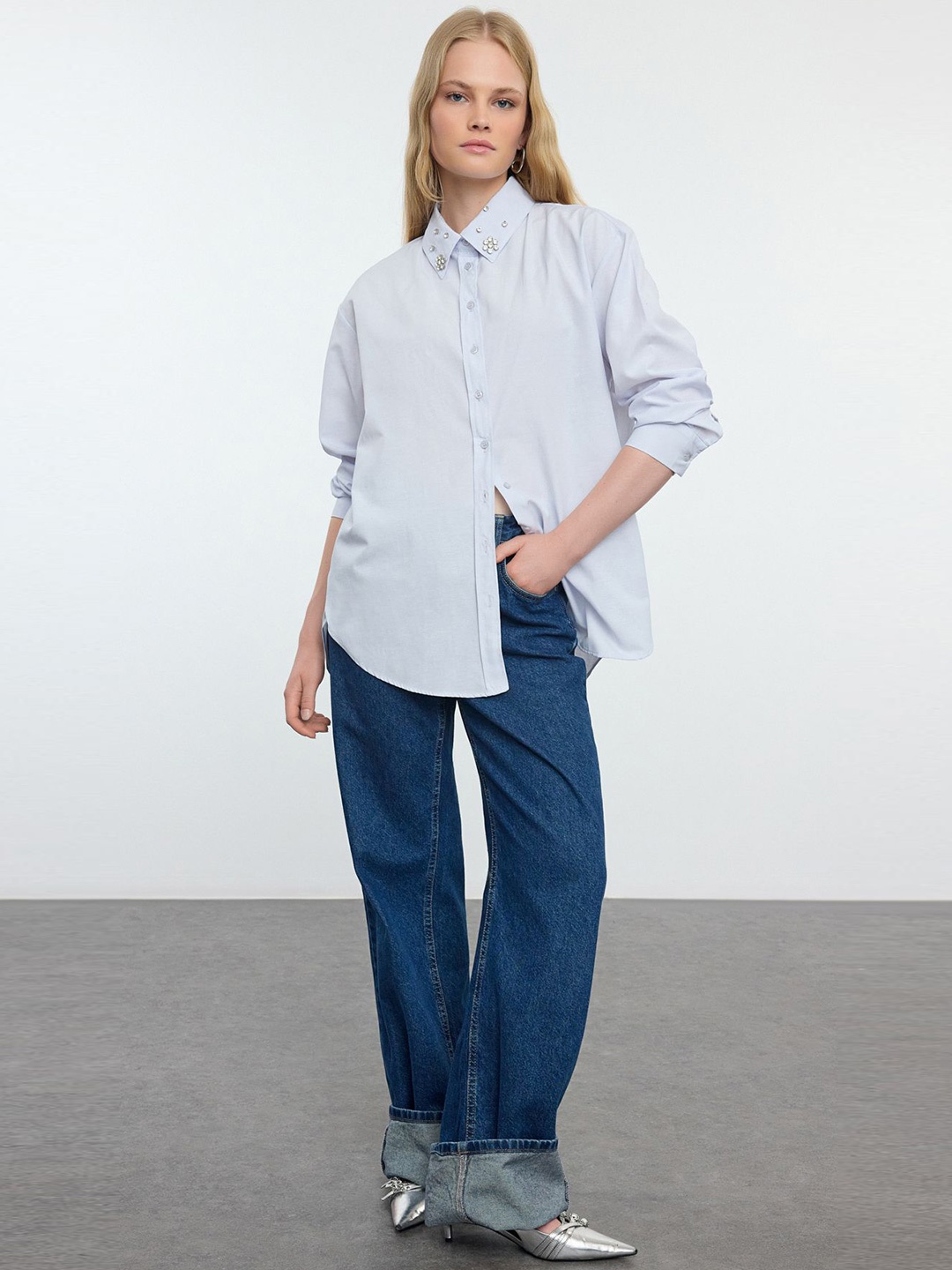 

Trendyol Women Oversized Fit Spread Collar Solid Casual Shirt, Blue