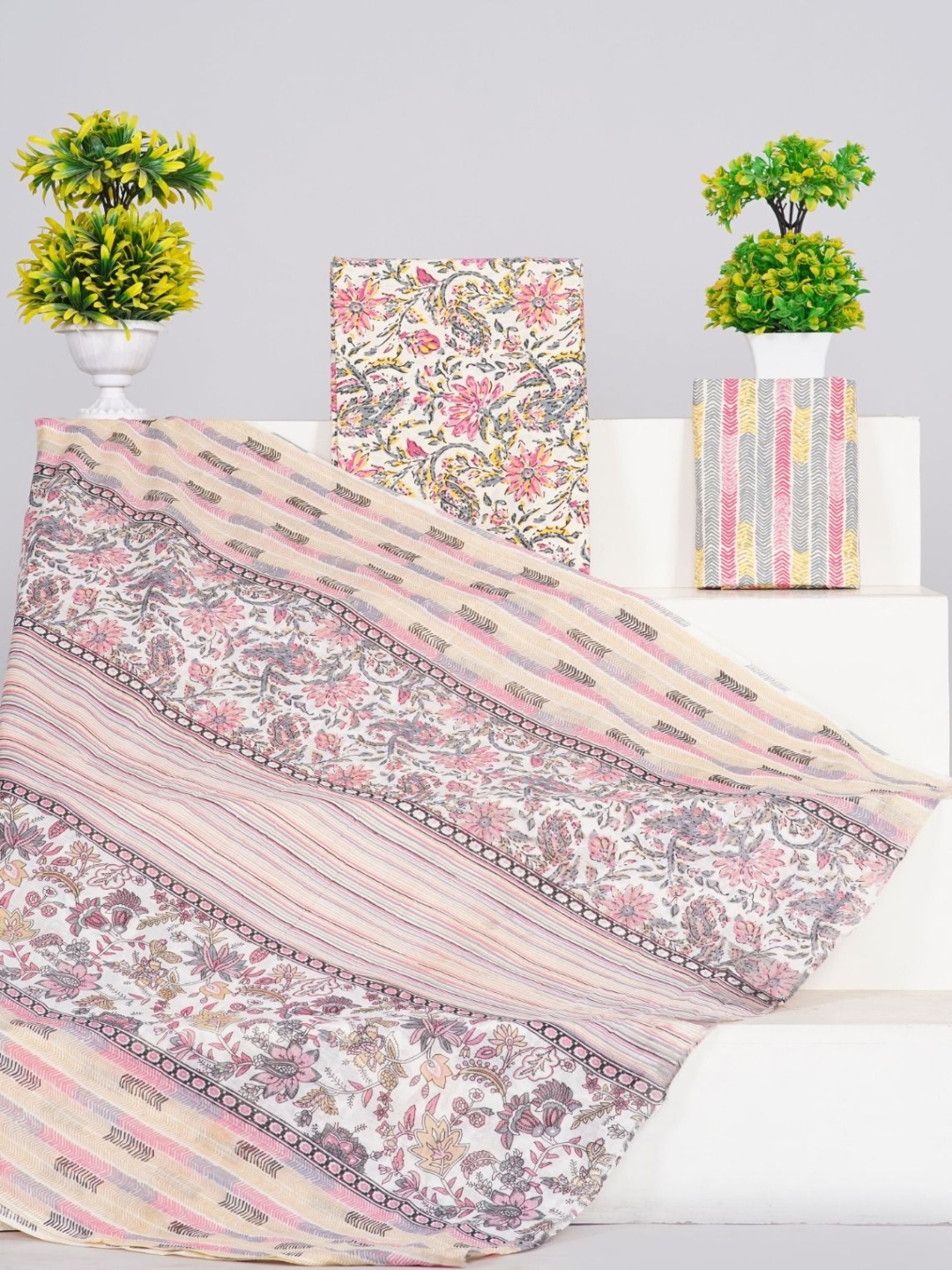 

KIAARON Printed Pure Cotton Unstitched Dress Material, Cream