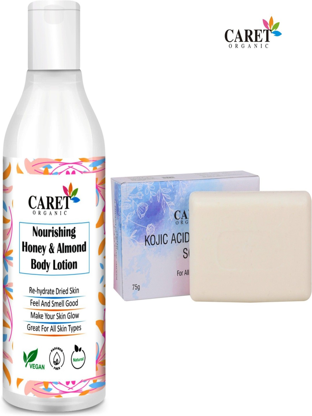 

CARET ORGANIC Set Of 2 Honey & Almond Body Lotion & Kojic Acid Vitamin C Soap, Multi