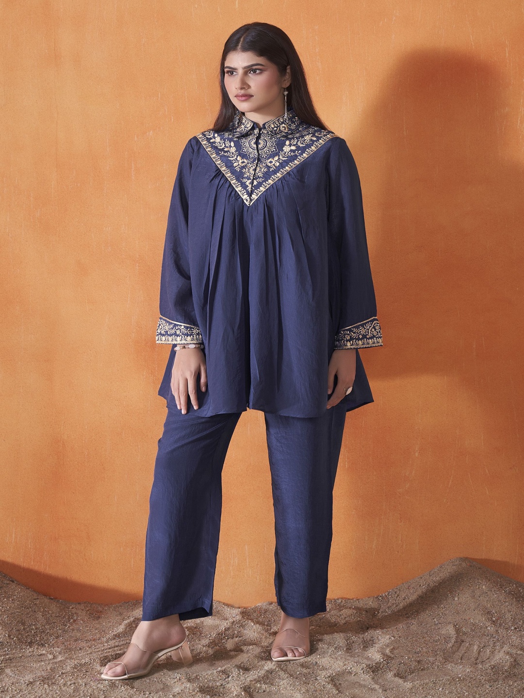 

Anouk Navy Blue Floral Embroidered Shirt Collar Top With Trouser