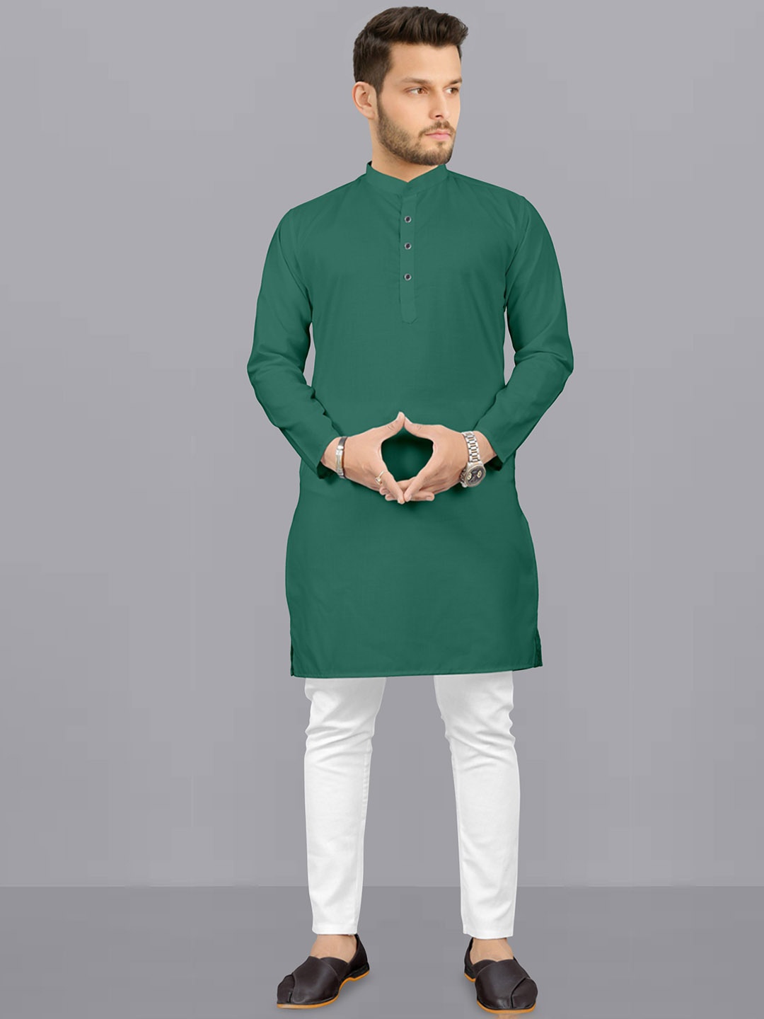 

Fashion FRICKS Band Collar Long Sleeves Straight Kurta with Pyjamas, Green
