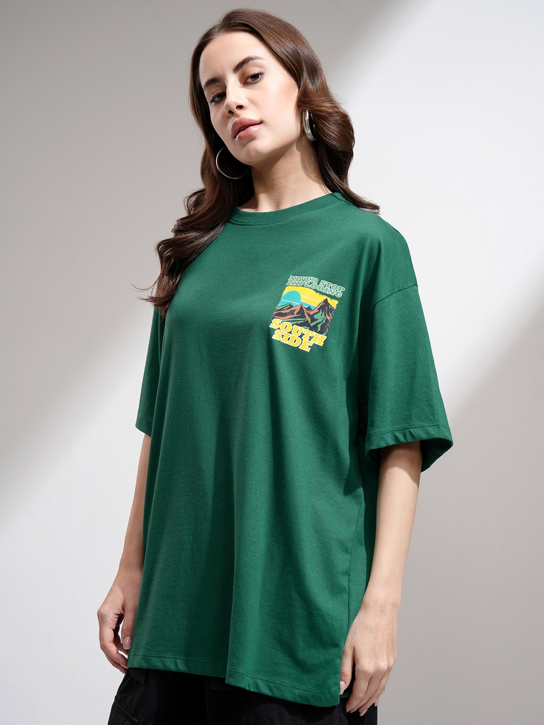 

Street By Tokyo Talkies Women Graphic Printed Round Neck Oversized T-shirt, Green