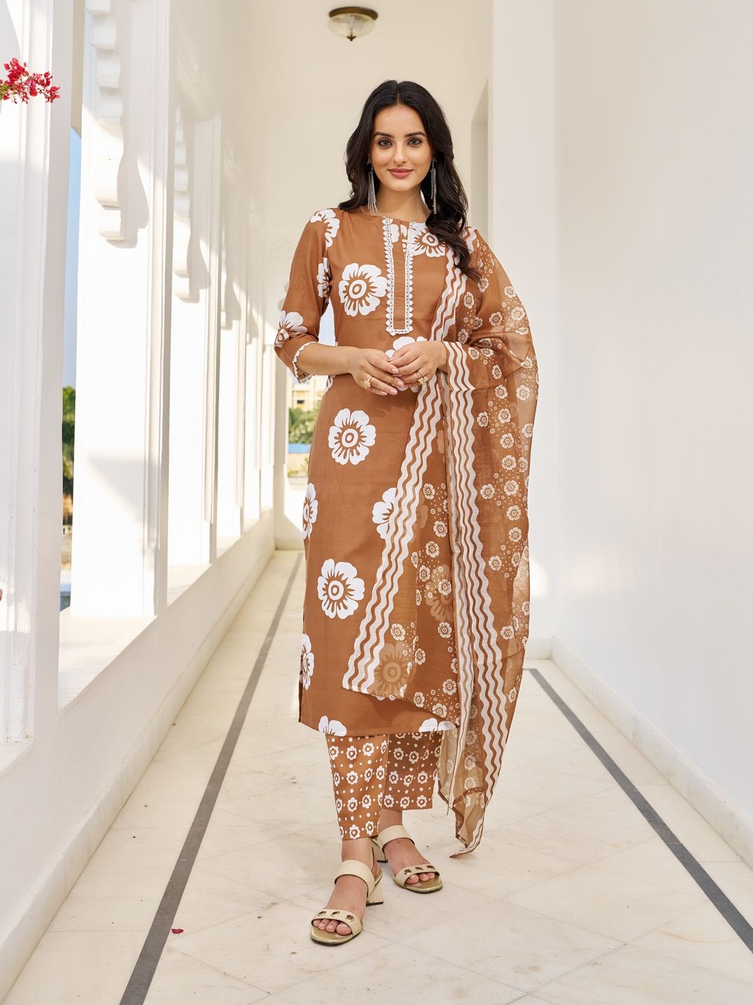 

Moda Rapido Floral Printed Straight Kurta With Trouser And Dupatta, Brown