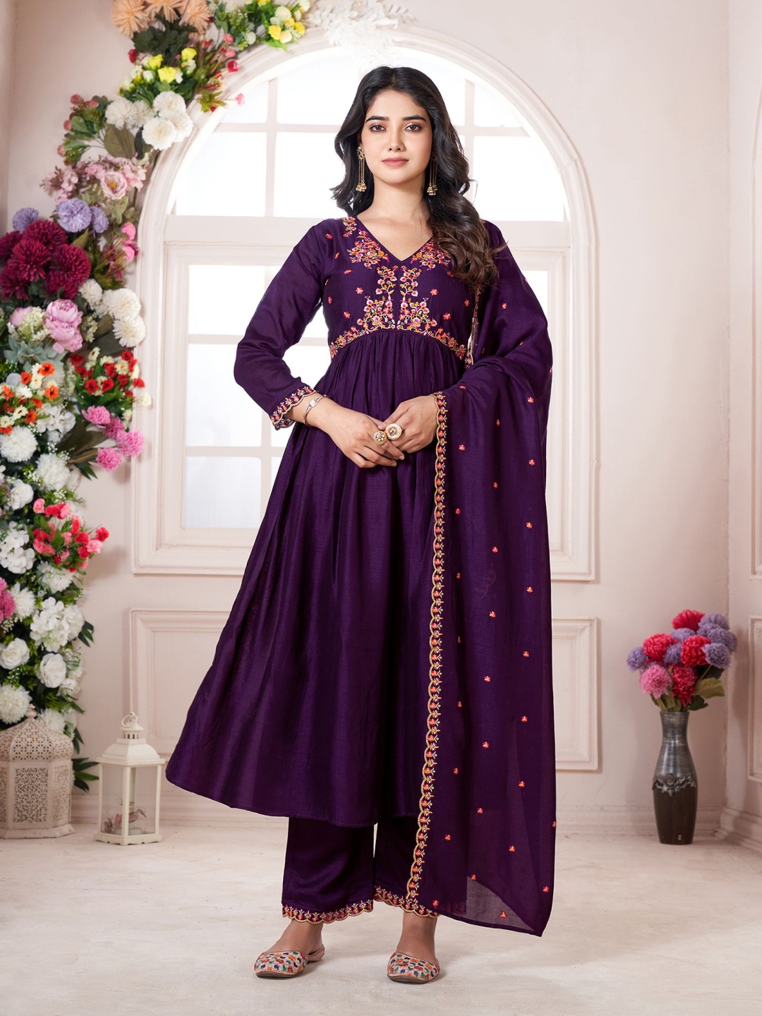 

KALINI Floral Embroidered V-Neck Pleated Anarkali Kurta With Trousers & Dupatta, Purple