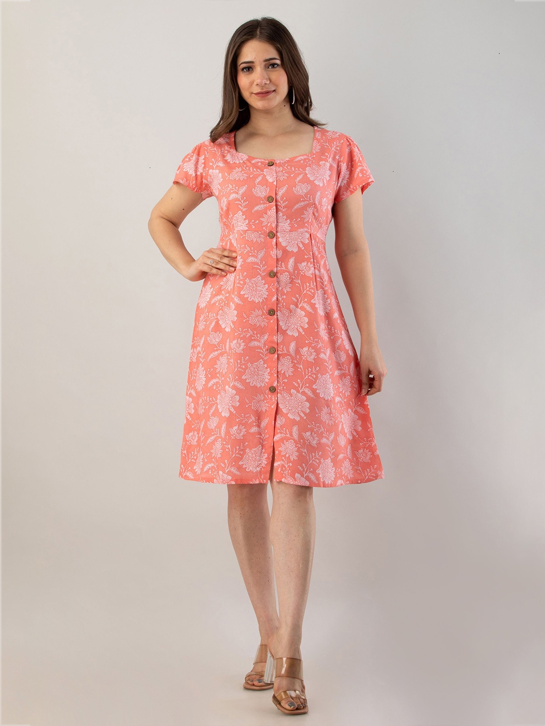 

Handish Floral Print Puff Sleeve A-Line Midi Dress, Beige