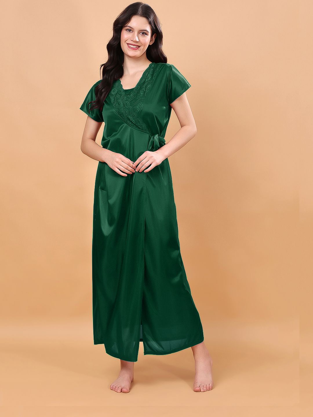 

CHUI MUI Women Pack of 2 Satin Maxi Wrap Nightdress, Green