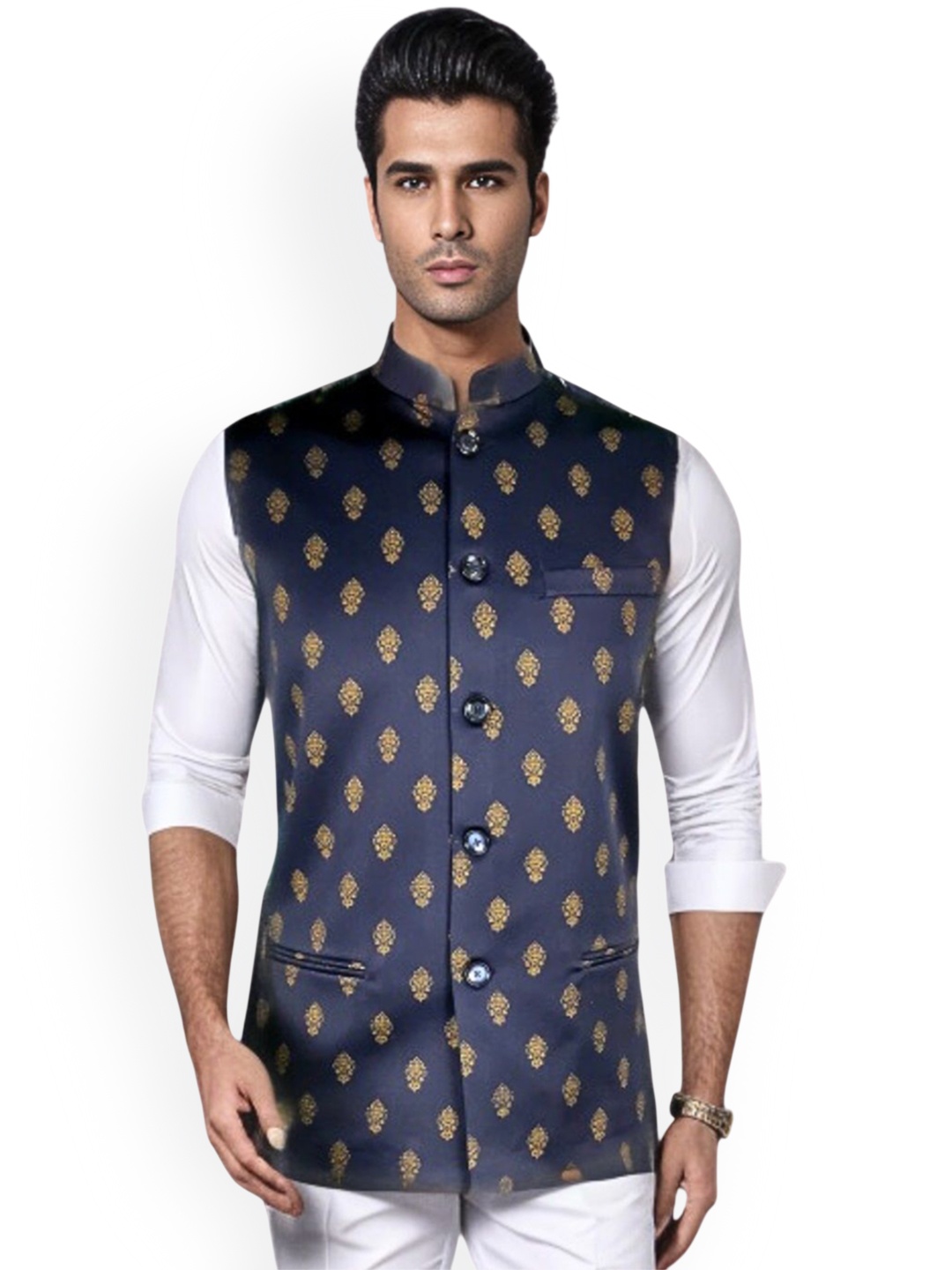 

Blacksmith Woven Design Nehru Jacket, Navy blue