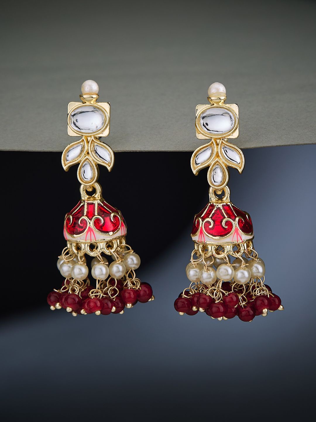 

ATIBELLE Silver Plated Cubic Zirconia Stone Studded & Beaded Contemporary Shaped Jhumkas, Gold