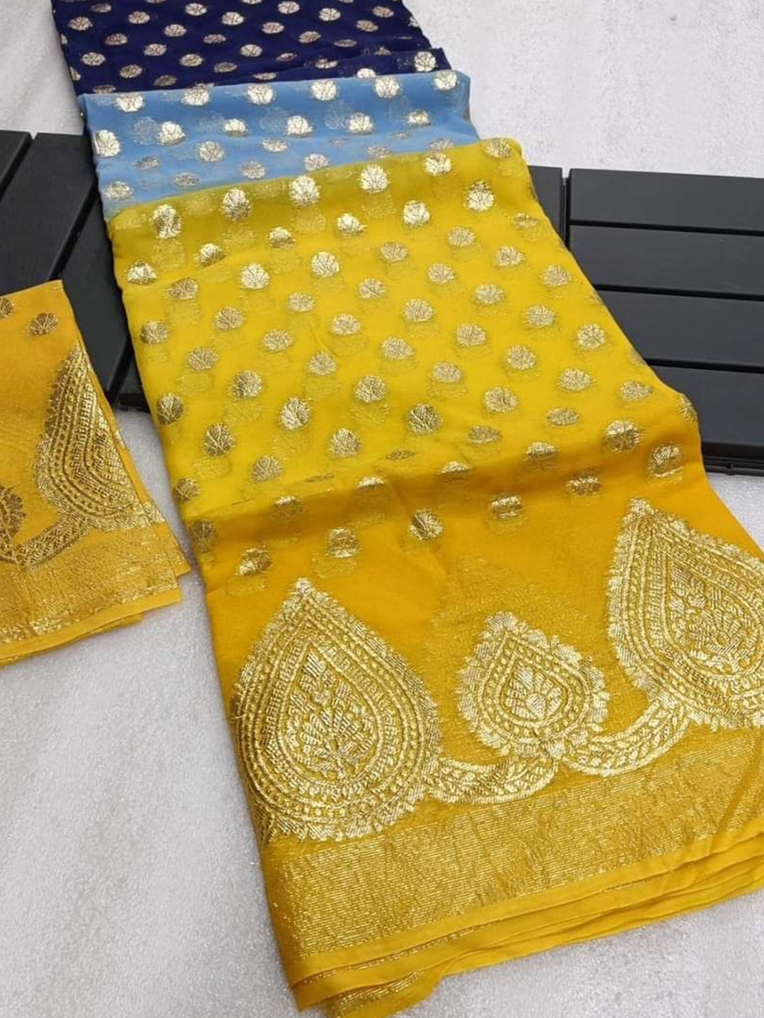 

PAYAL CREATION Woven Design Zari Pure Georgette Saree, Yellow