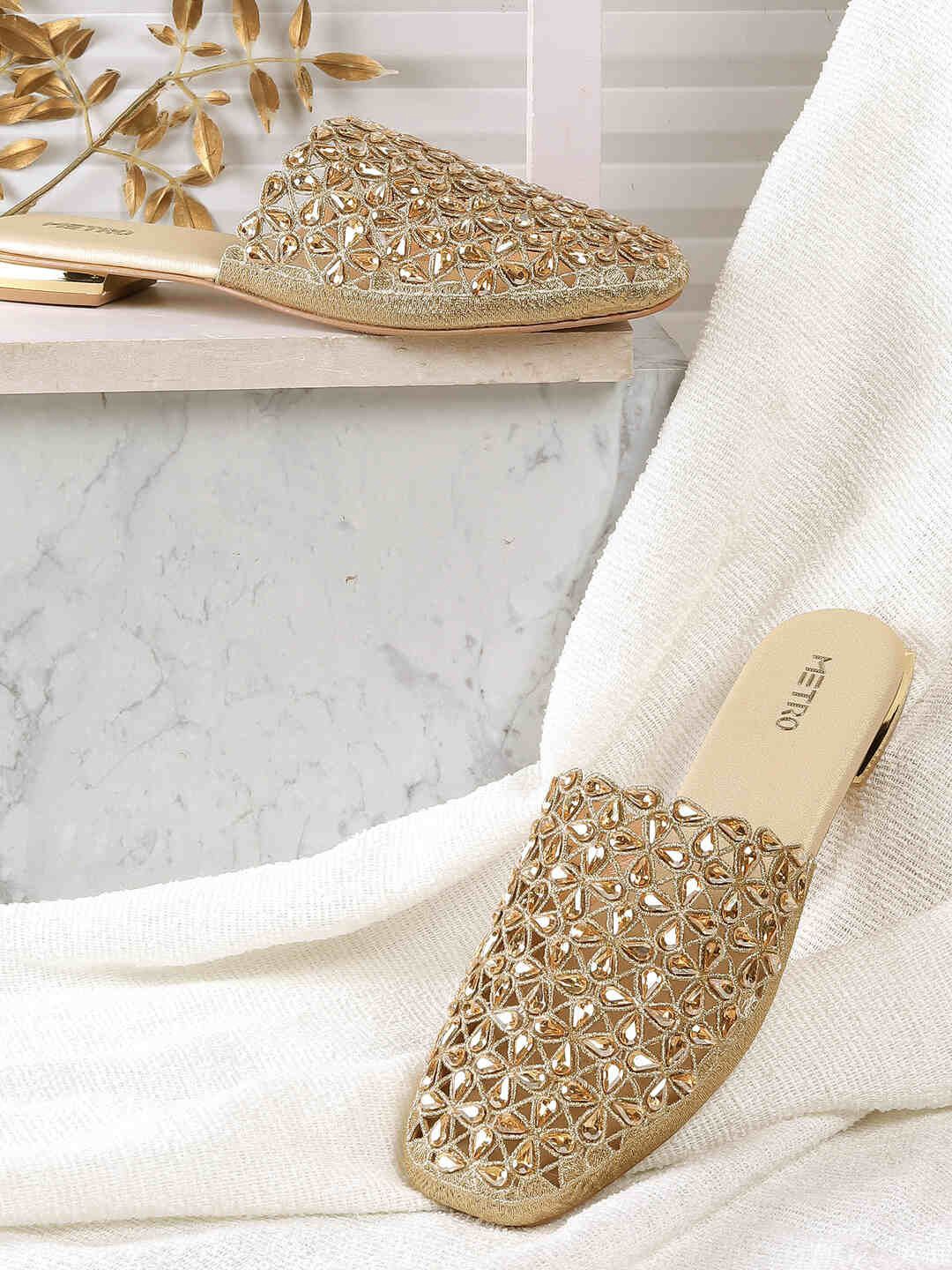 

Metro Women Embellished Mules Flats, Gold