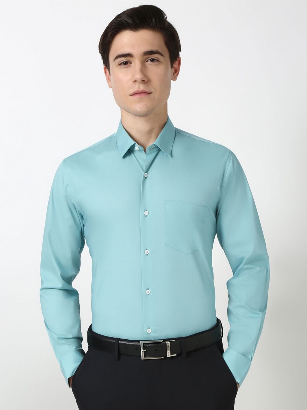 

Peter England Men Slim Fit Spread Collar Solid Cotton Formal Shirt, Turquoise blue