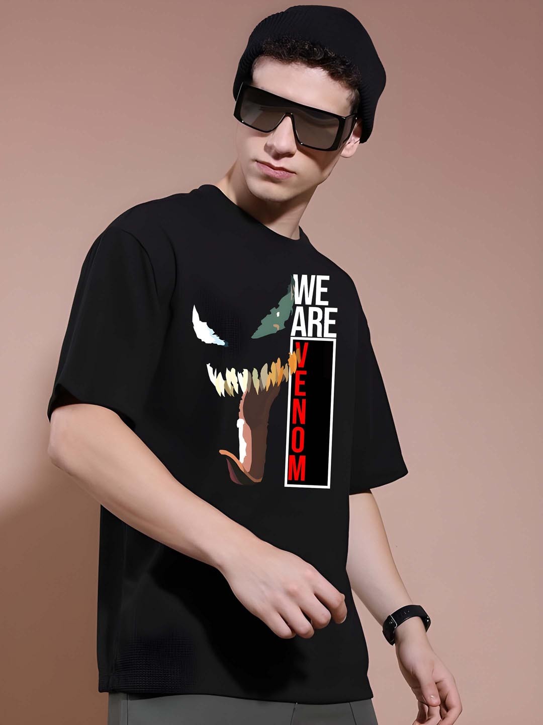 

Moda Rapido Men Venom Graphic Printed Round Neck Pure Cotton Oversized T-shirt, Black