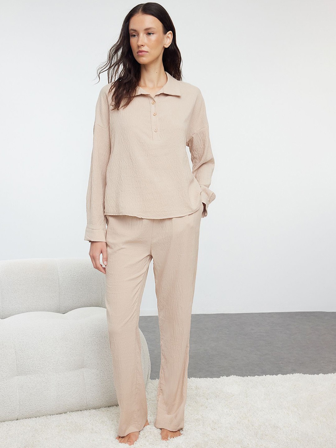 

Trendyol Women Shirt Collar Night suit, Beige