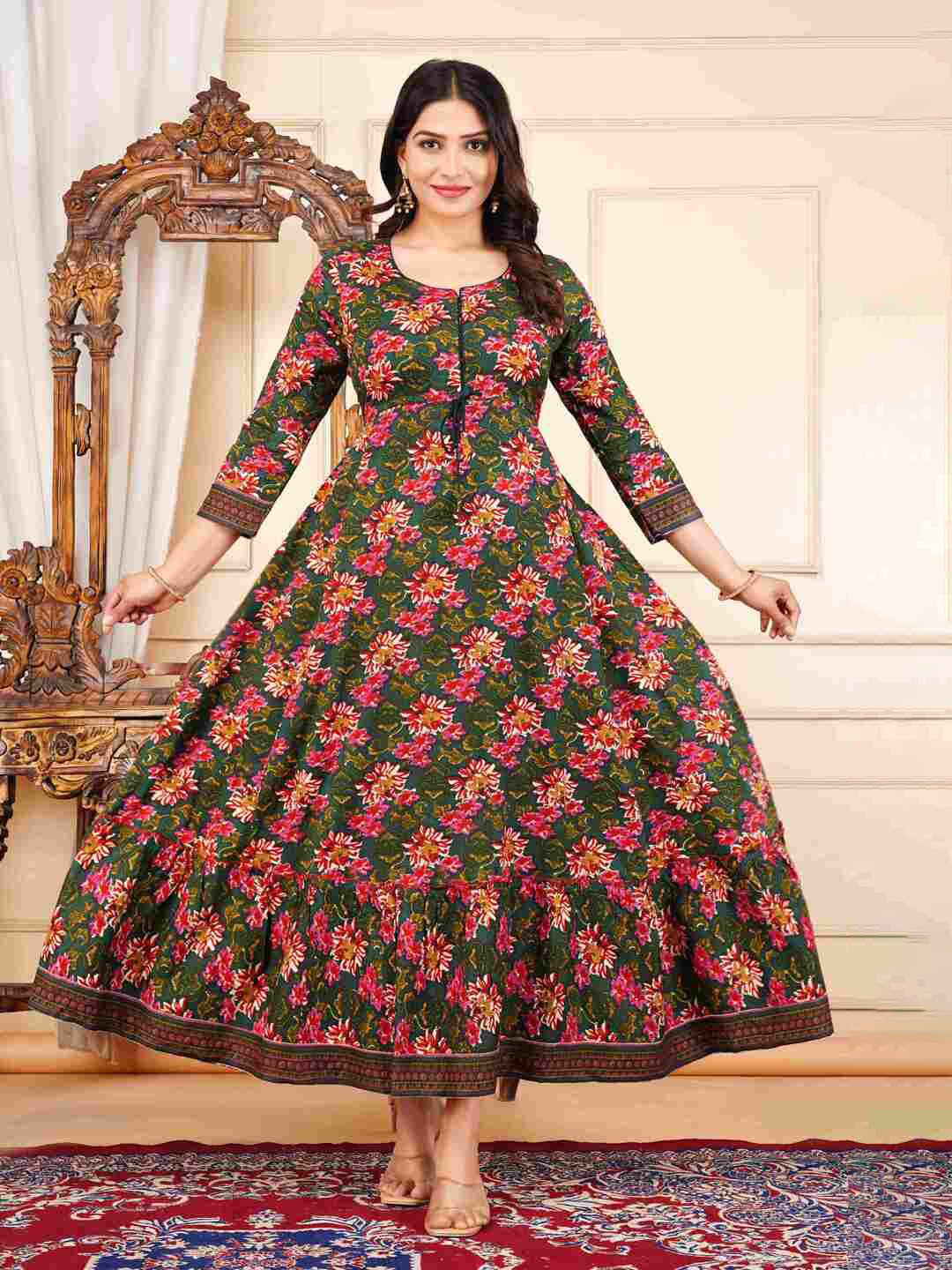 

JAYRA TEXTILE Women Floral Printed Fit & Flare Midi Ethnic Dress, Green