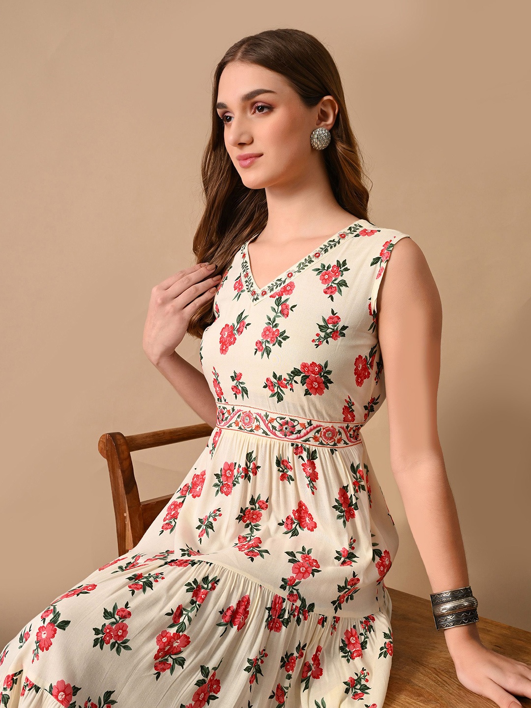 

Dipani Floral Print Fit & Flare Midi Dress, White