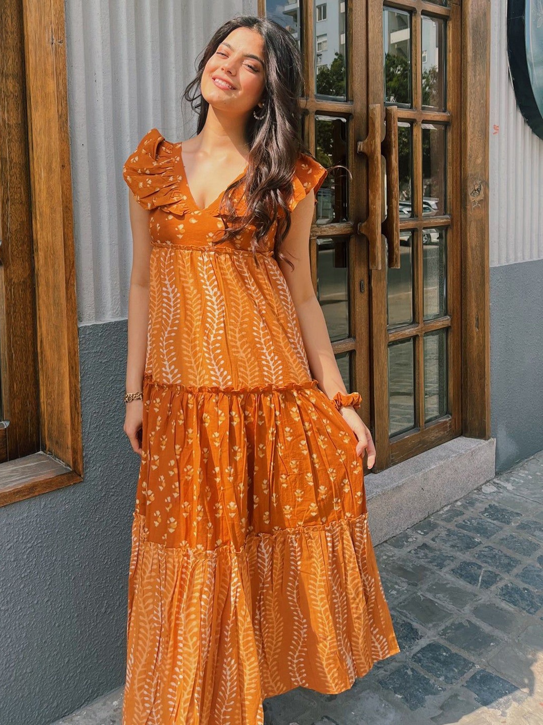 

WHATNOT STYLE Embellished Print Ruffled Formal Maxi Dress, Orange