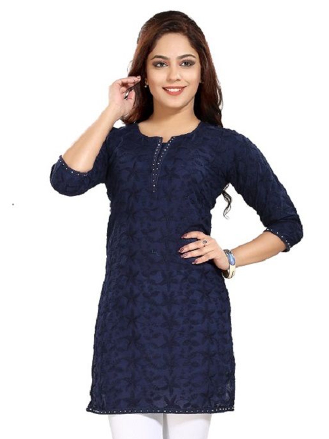 

DREAM & DZIRE Embroidered Thread Work Pure Cotton Thread Work Kurti, Navy blue