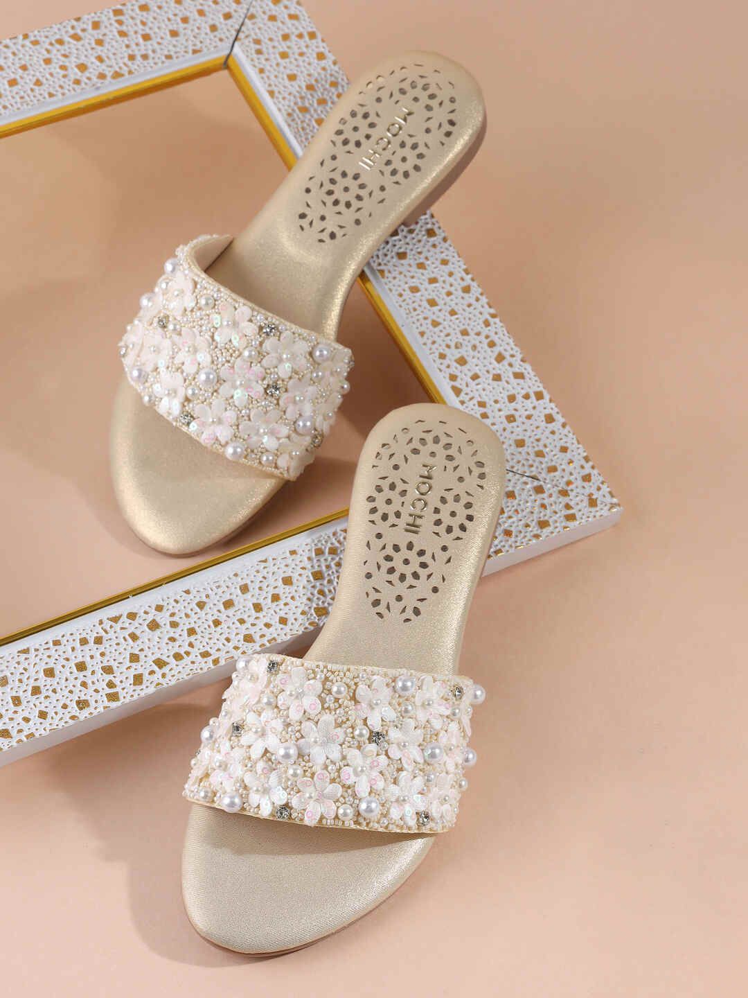 

Mochi Women Embellished Open Toe Block Sandals, Beige