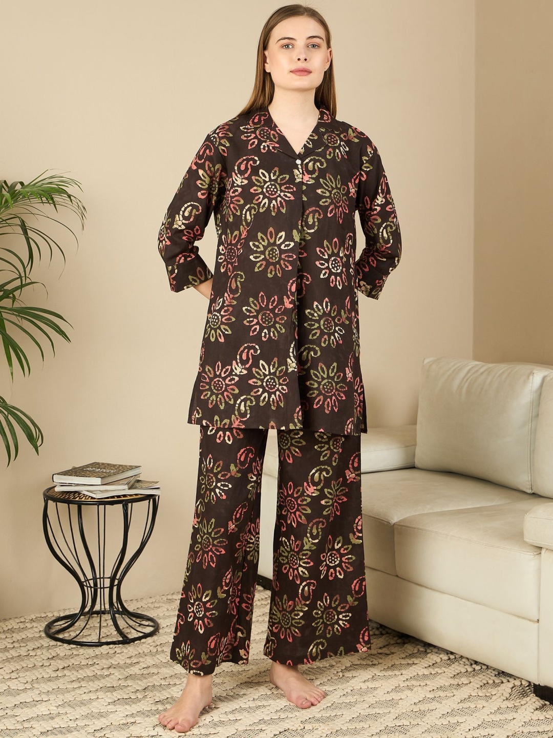 

July Women Bohemian Printed Pure Cotton Night suit, Coffee brown