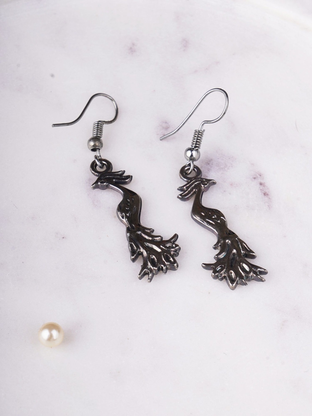 

Adwitiya Silver-Plated Contemporary Shaped Oxidised Drop Earrings