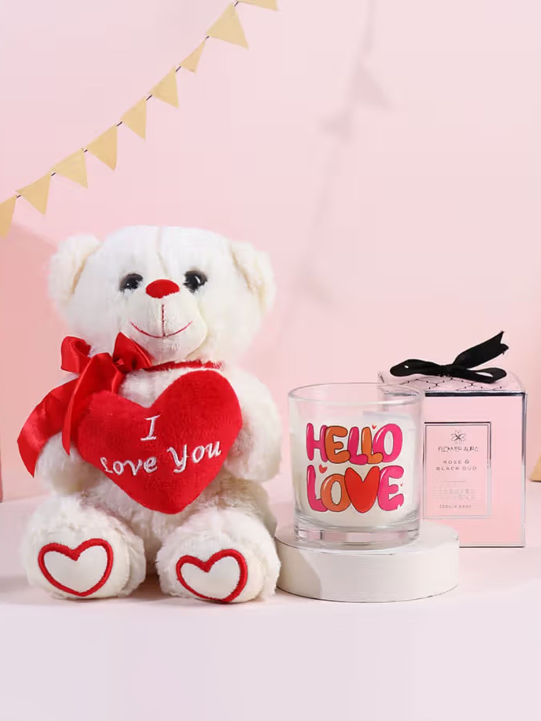 

Floweraura Set Of 2 Glow Gift Hamper of Cute Teddy & Scented Candle, Cream