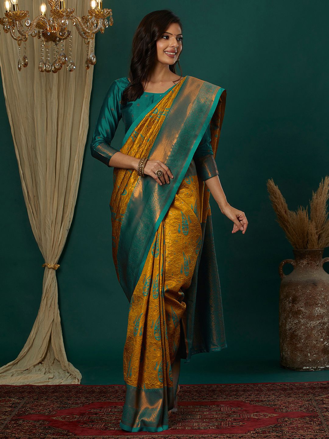 

Mitera Woven Design Zari Banarasi Saree, Yellow