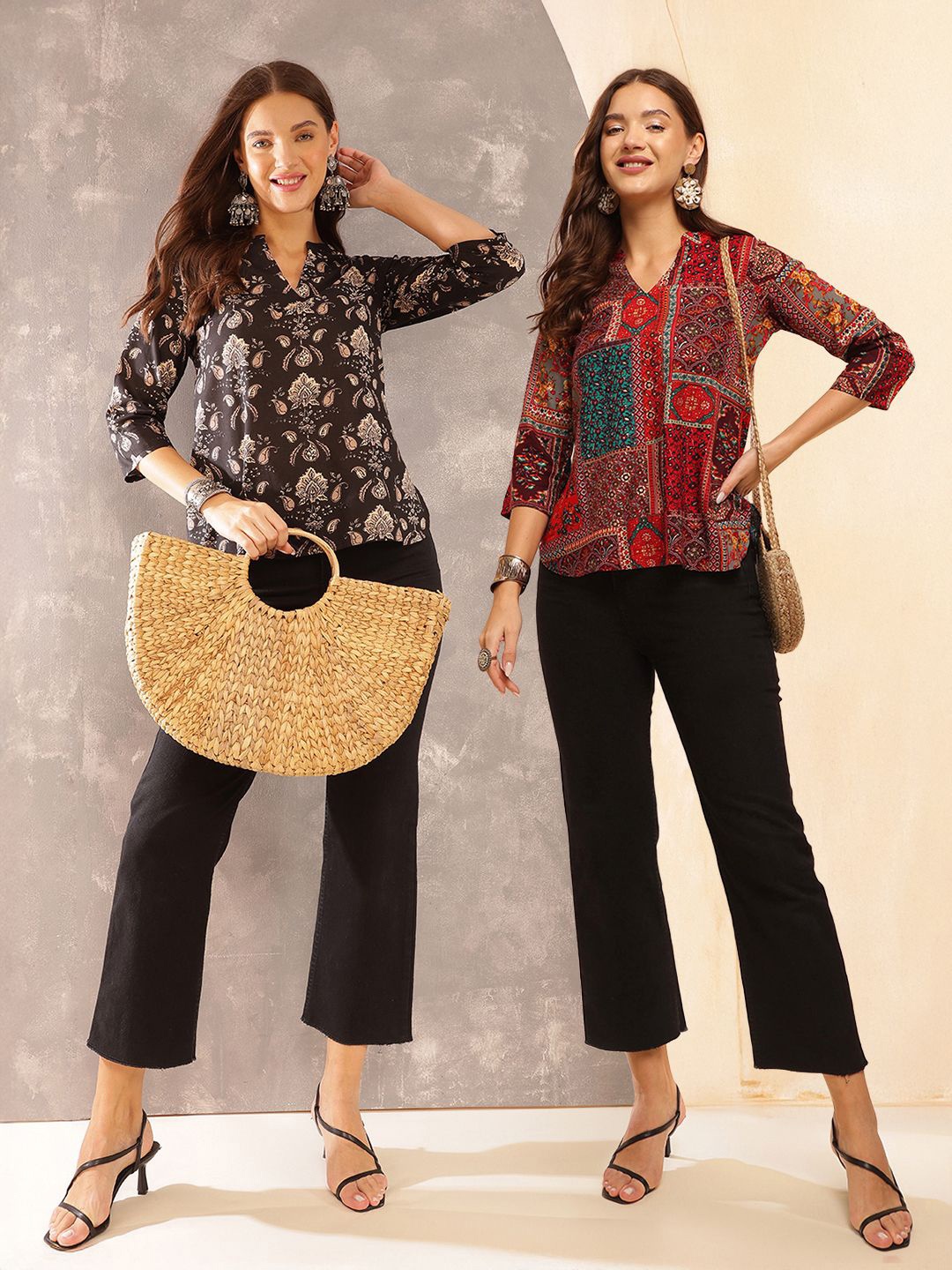 

Anouk Rustic Women Pack of 2 Floral Print Mandarin Collar Top, Multi