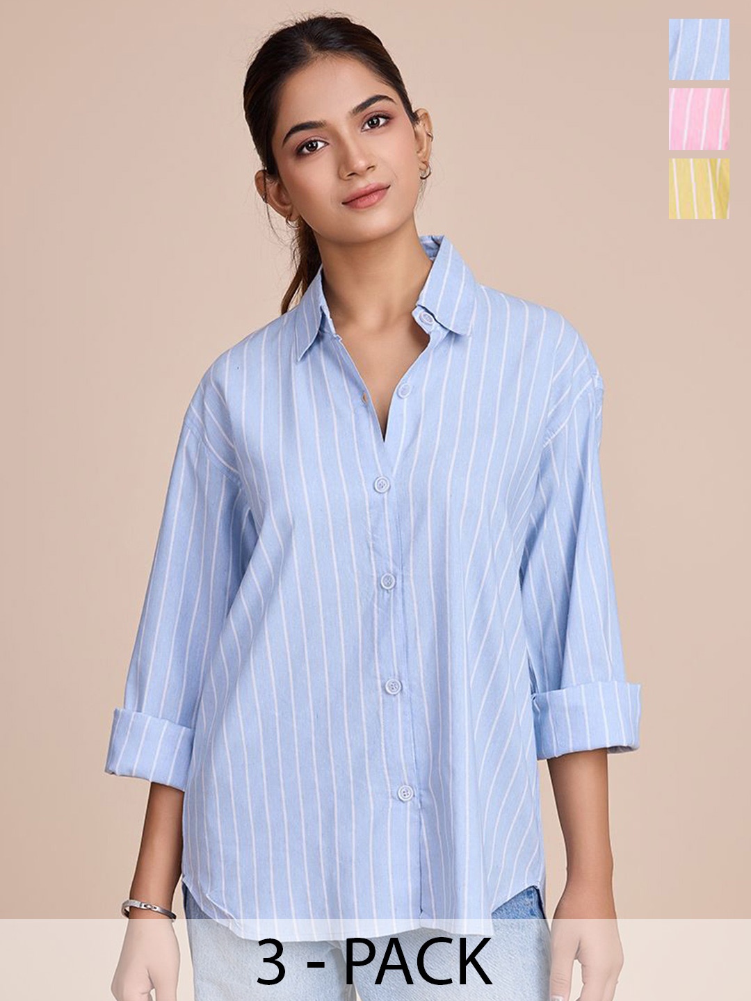 

HOUSE OF MIRA Women Pack Of 3 Classic Oversized Fit Vertical Striped Cotton Casual Shirts, Blue