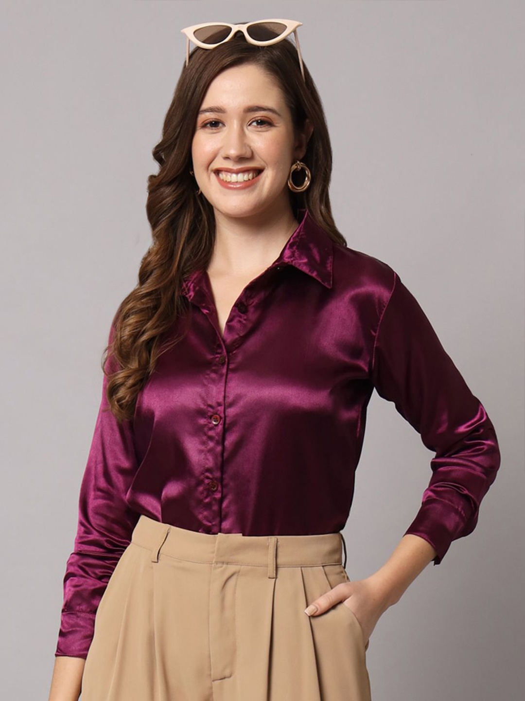 

Funday Fashion Women Spread Collar Solid Satin Formal Shirt, Burgundy