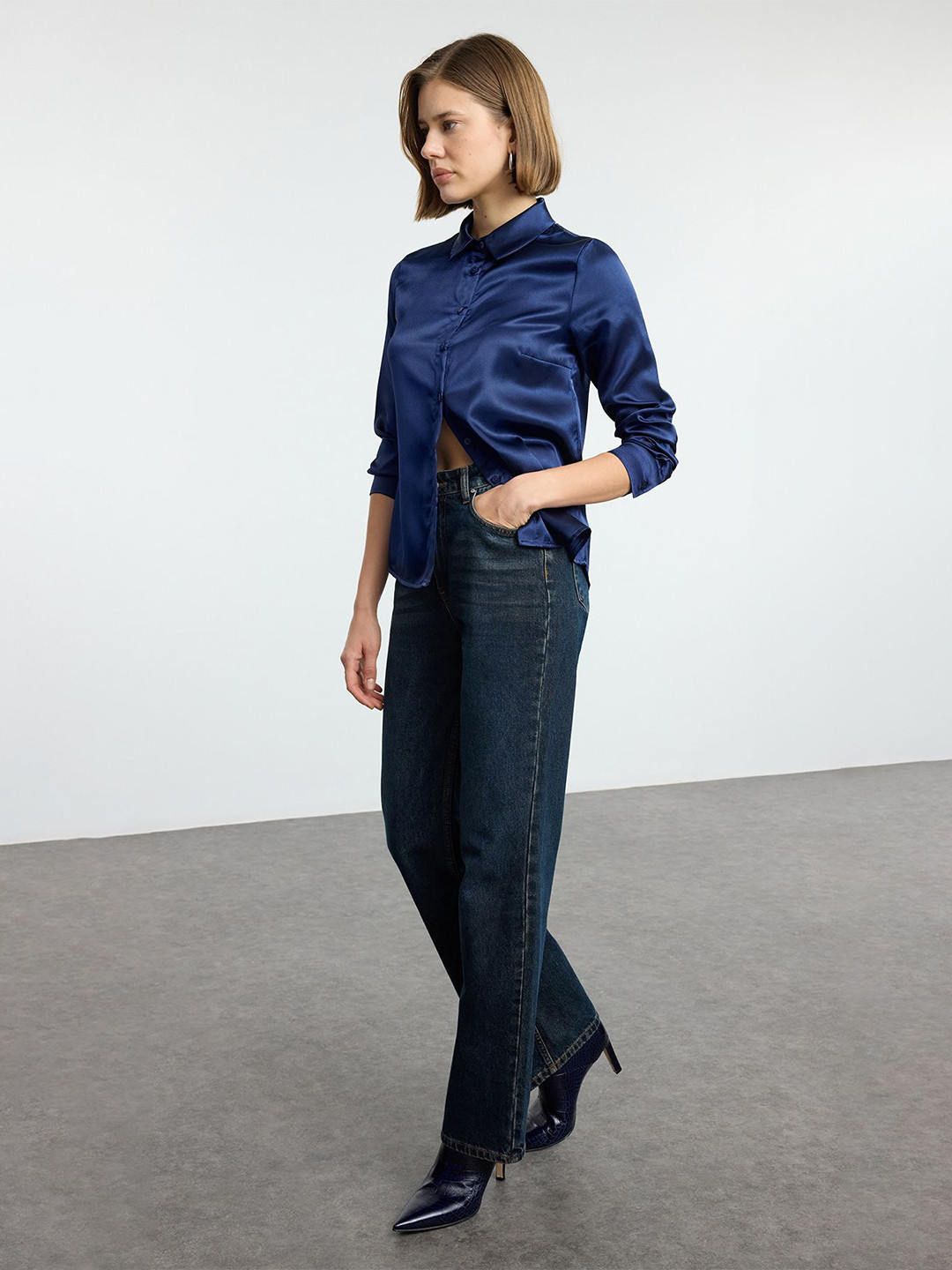 

Trendyol Women Spread Collar Solid Casual Shirt, Blue