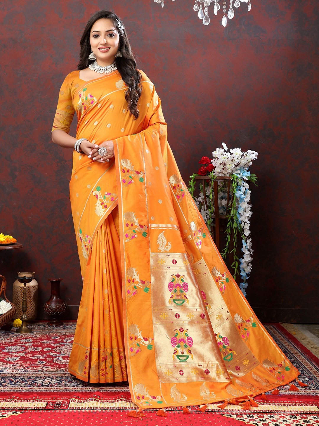 

LeeliPeeri Designer Woven Design Zari Silk Blend Paithani Saree, Orange