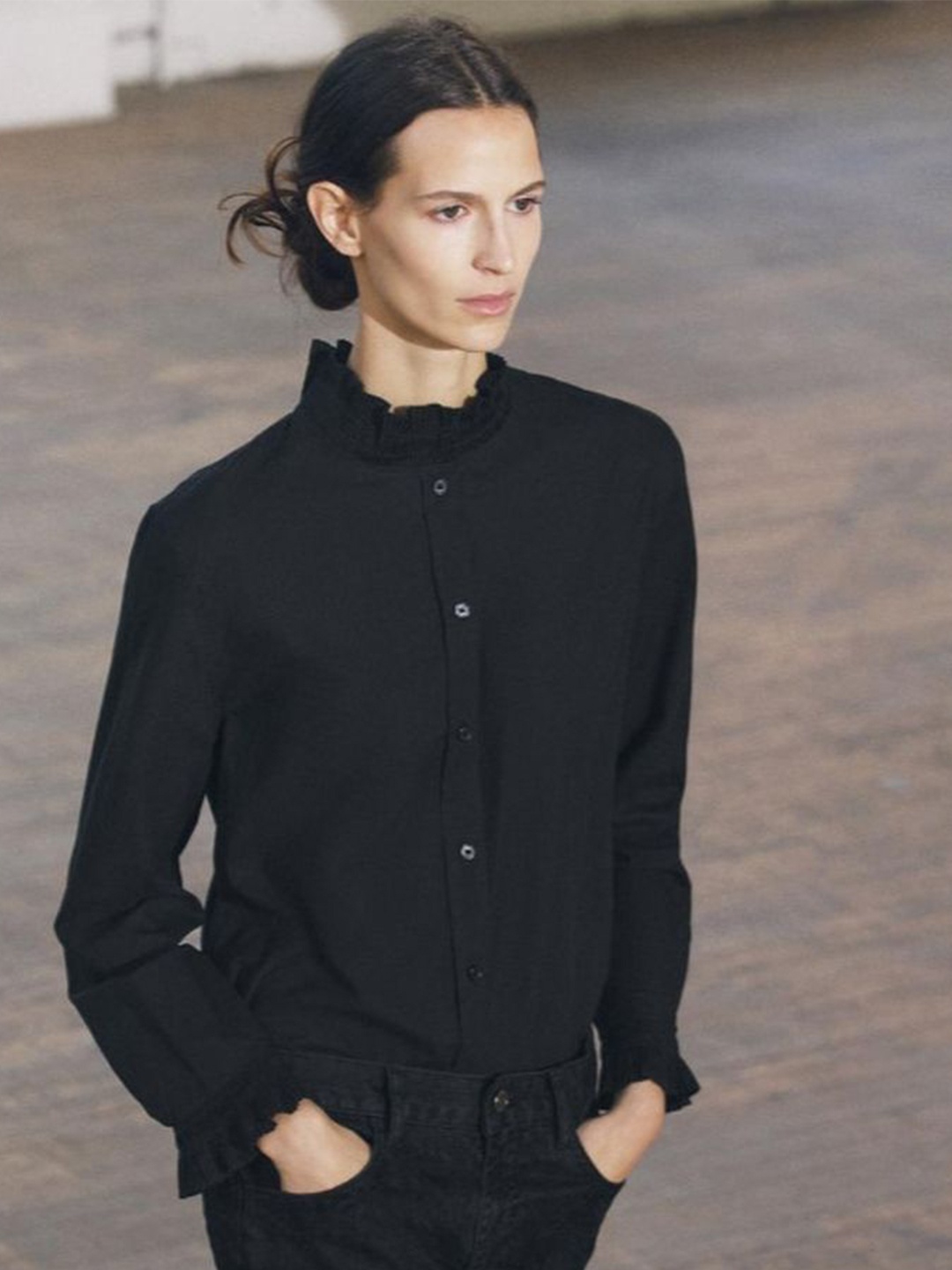 

LULU & SKY Women Mandarin Collar Shirt Style Top, Black