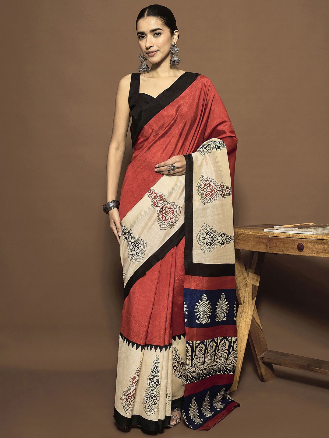 

KALINI Ethnic Motifs Ready to Wear Bhagalpuri Saree, Rust