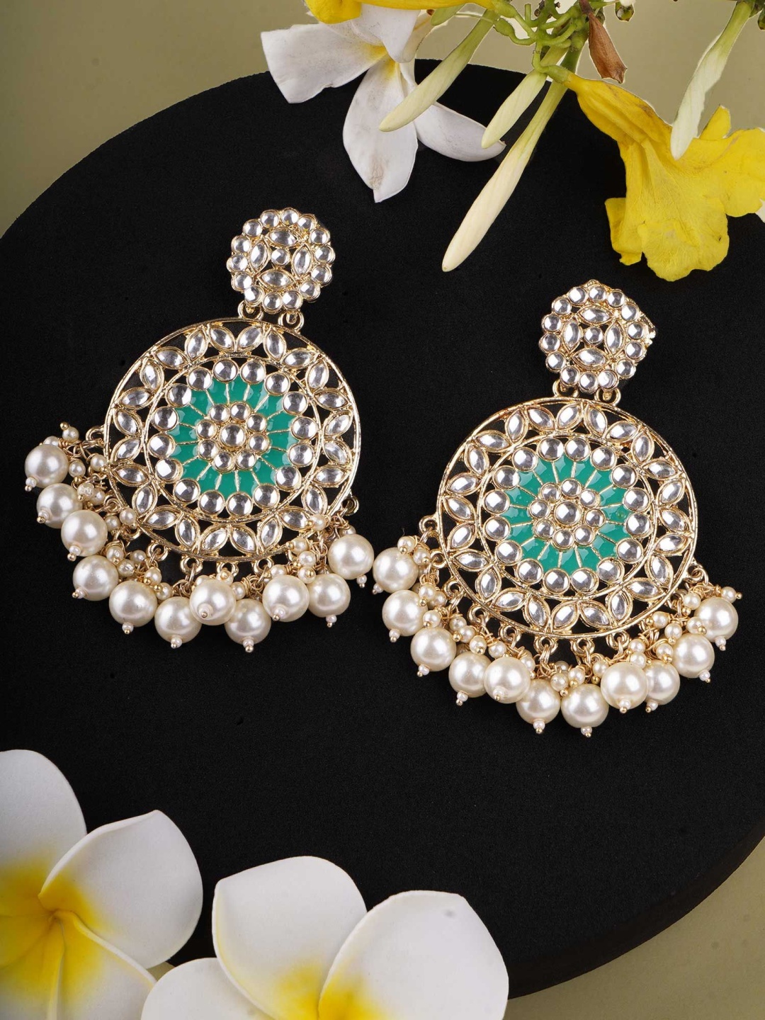 

Adwitiya 24K Gold-Plated Artificial Stones Studded And Beaded Contemporary Drop Earrings