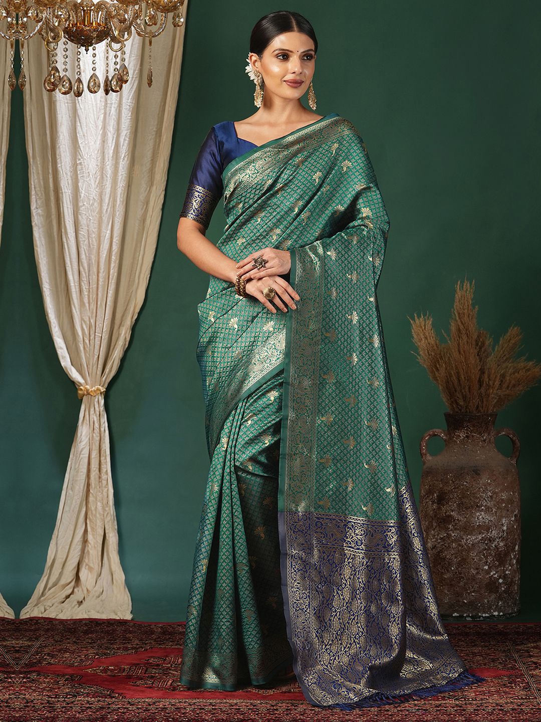 

KALINI Ethnic Motifs Zari Banarasi Saree, Green