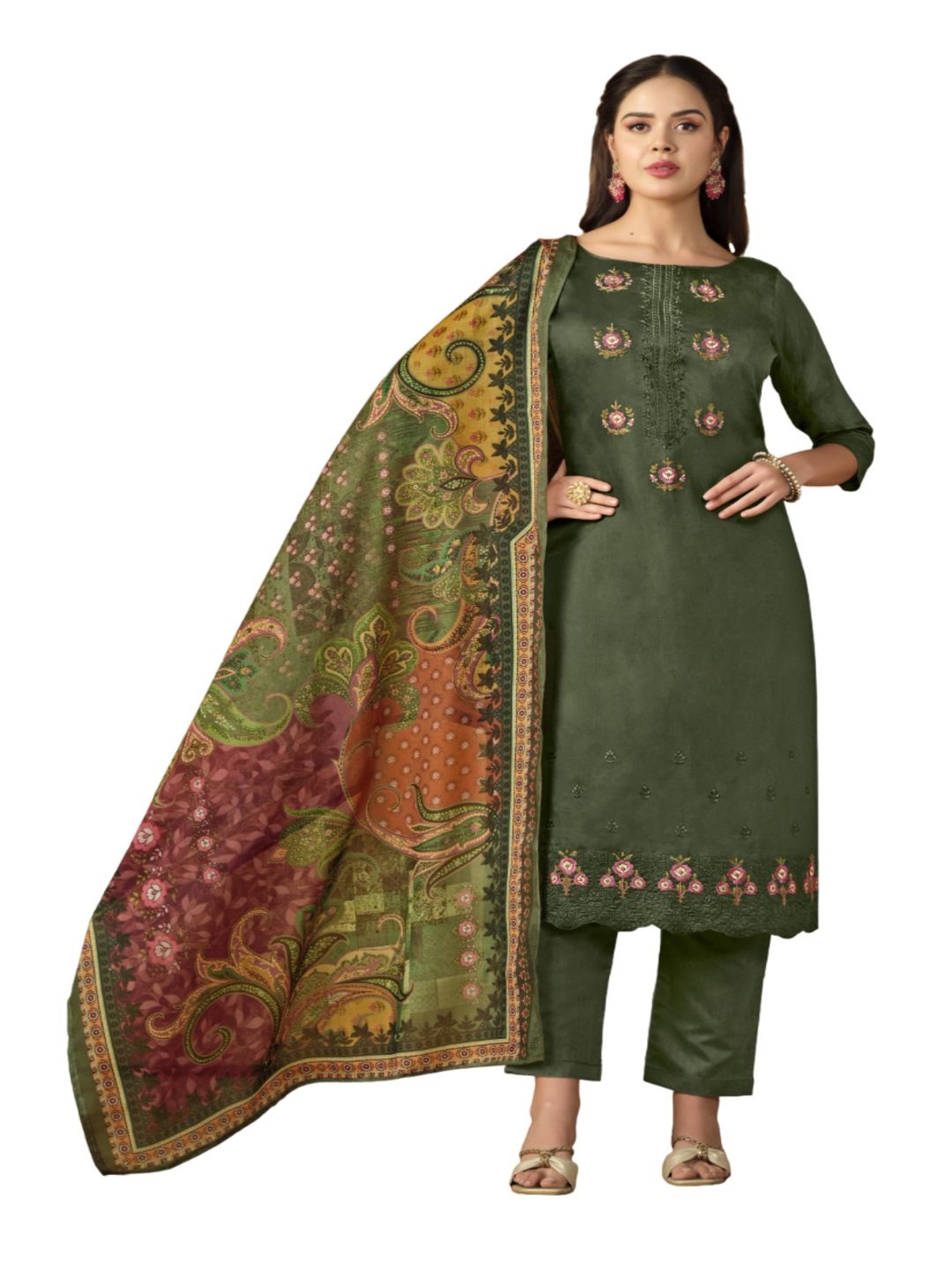

DRAVINAM Trends Floral Embroidered Pure Cotton Unstitched Dress Material, Green