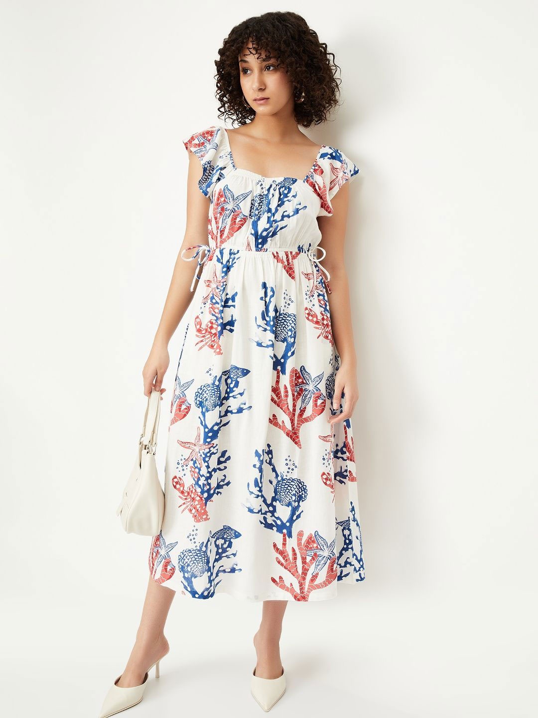 

max Floral Print Flutter Sleeve Empire Midi Dress, Off white