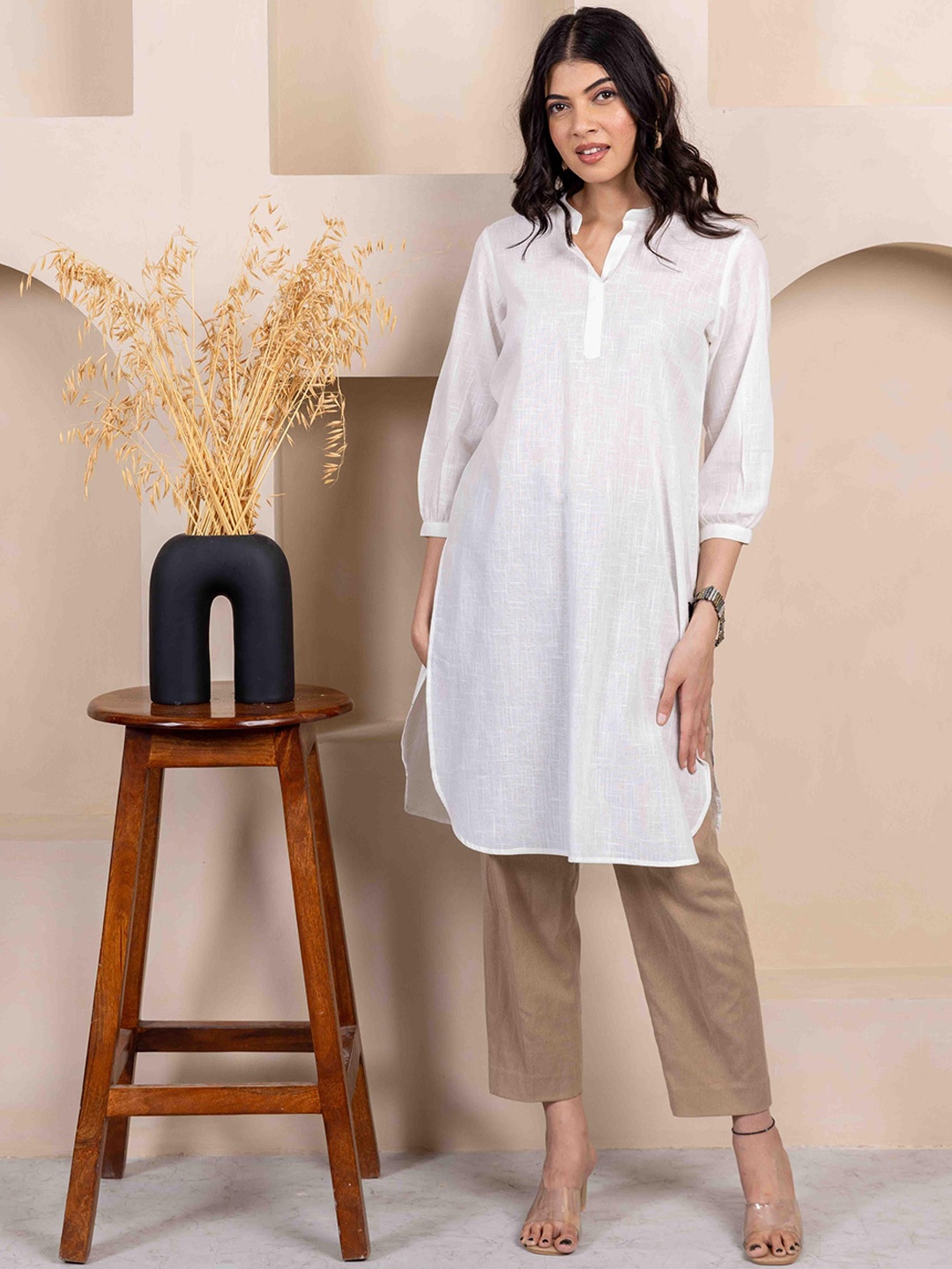 

INAAYA JAIPUR Mandarin Collar Pure Cotton Straight Kurti, White